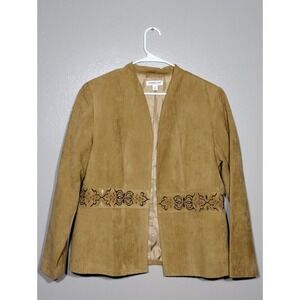 Women's Coldwater Creek Blazer 100% Polyester Size 16 Embroider Design Tan